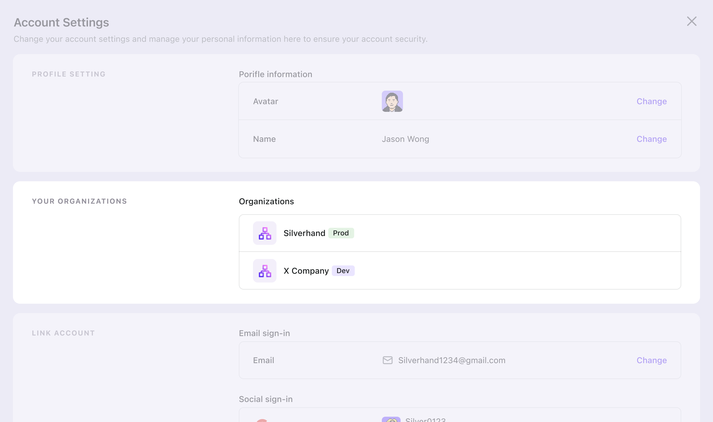 Información del usuario de la organización